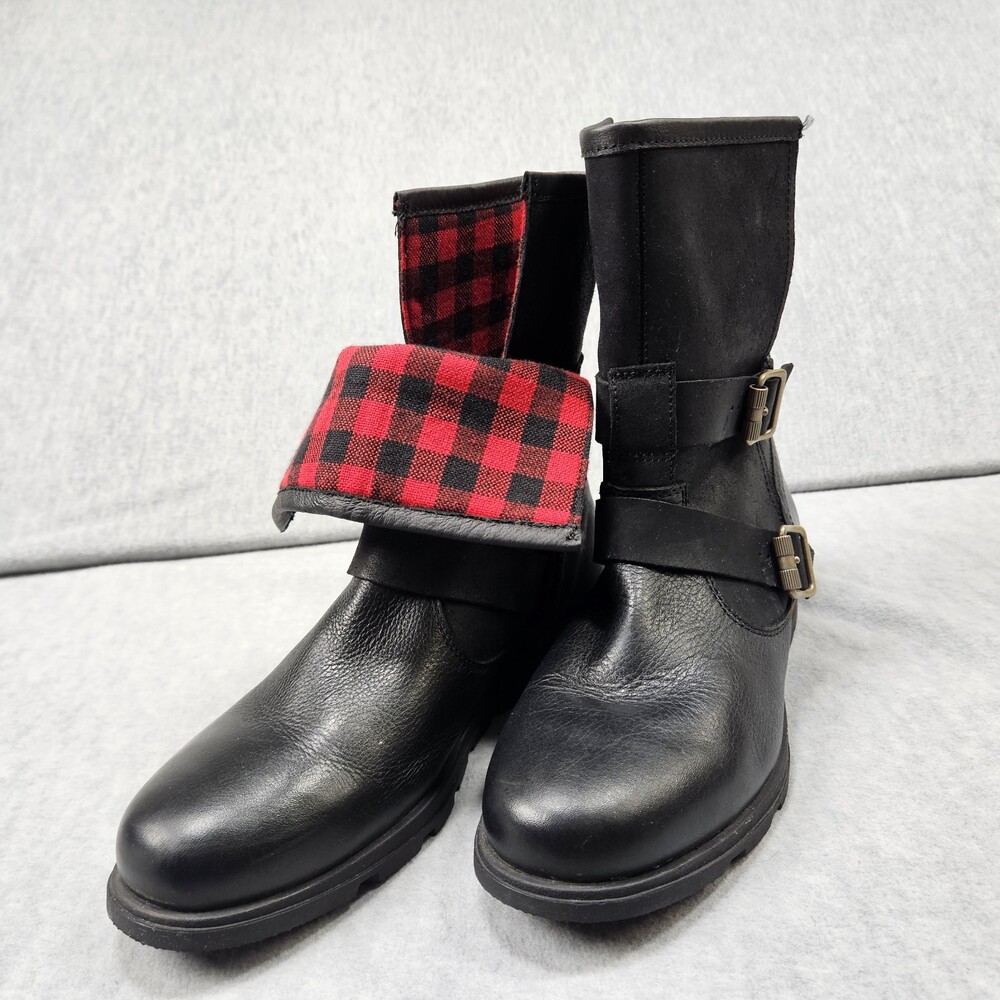 Sorel Boots Major Moto Womens 9.5 Black Leather Biker Buckle Buffalo Plaid Lined